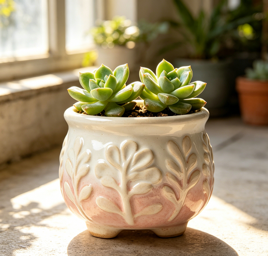πΈ Blush Gradient Leaf Embossed Ceramic Succulent Pot