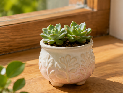 🌸 Blush Gradient Leaf Embossed Ceramic Succulent Pot