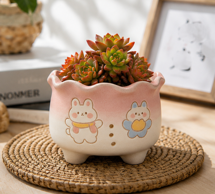 🐰 Cute Bunny Gradient Ceramic Succulent Pot