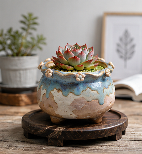 🌸 Rustic Drip Glaze Flower-Embellished Ceramic Succulent Pot