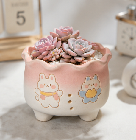 🐰 Cute Bunny Gradient Ceramic Succulent Pot