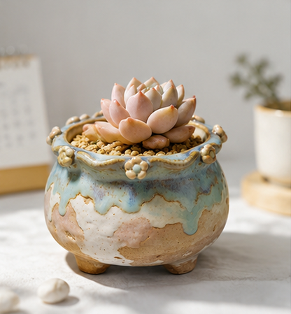 🌸 Rustic Drip Glaze Flower-Embellished Ceramic Succulent Pot